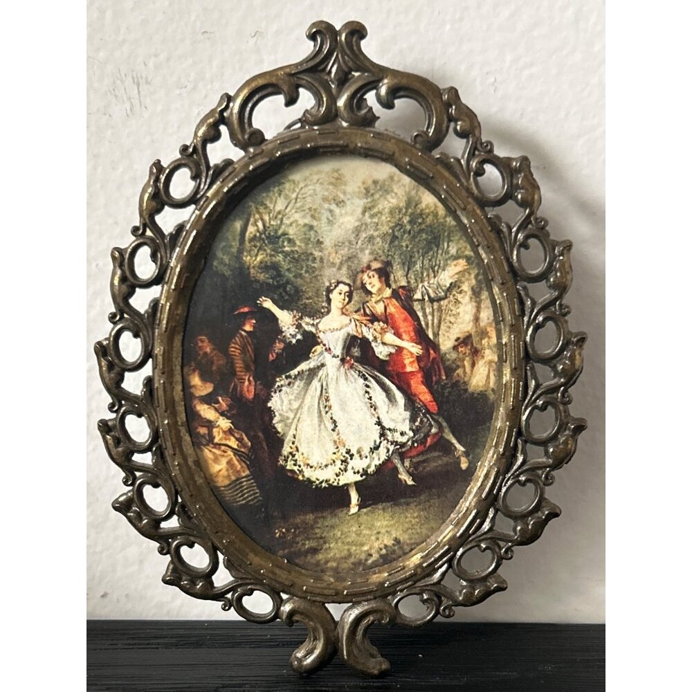 Antique Made in Italy Ornate Metal Frame Flat Glass Courting Couple Scene Patina